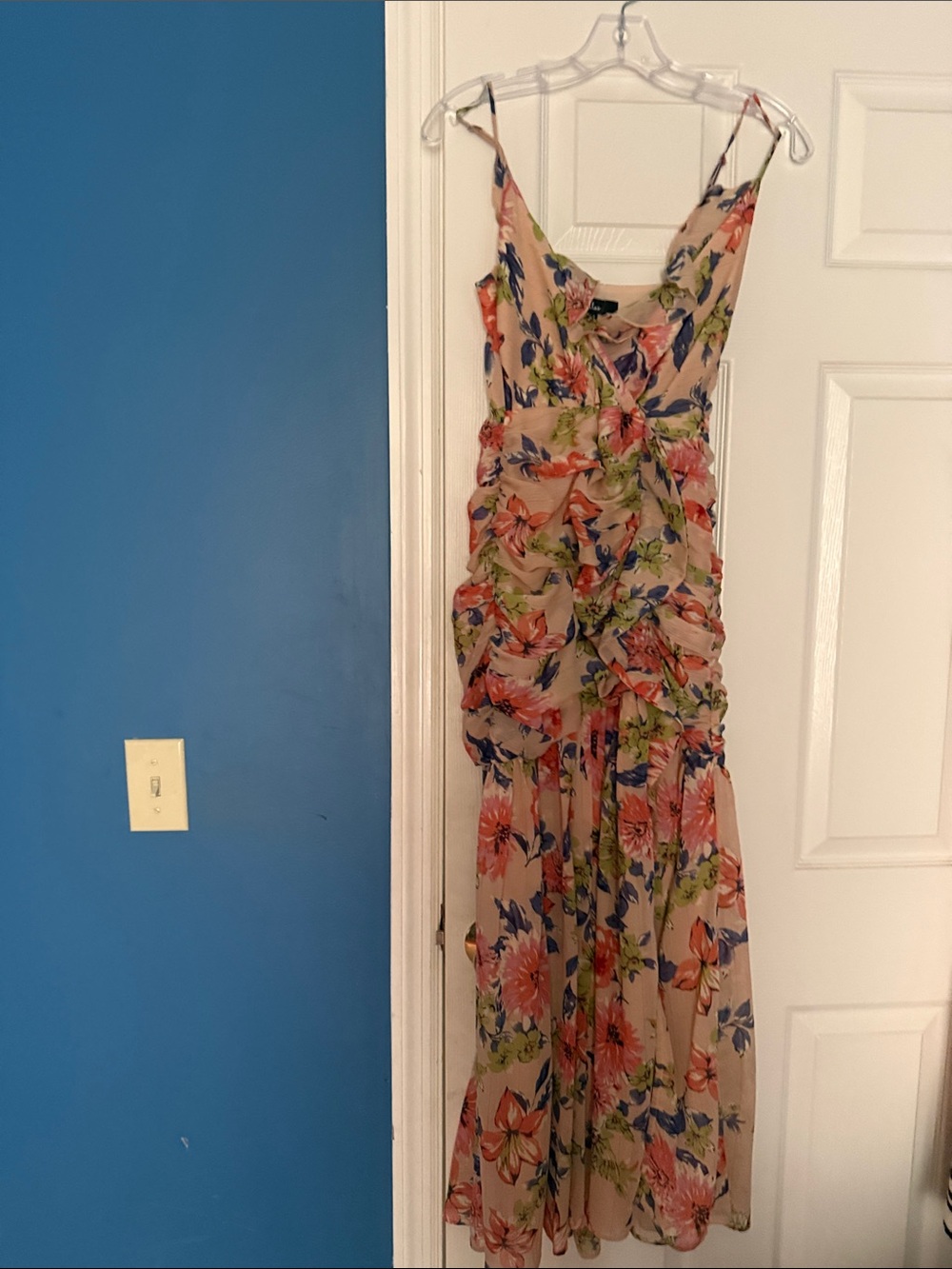 Lulu's Beige Floral Ruffle Maxi Dress with Pink & Blue Blooms